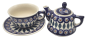 Preview: Bunzlauer Teekanne und Tasse mit Untertasse Dekor Pfauenauge,  Einzelteile