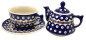 Preview: Bunzlauer Teekanne und Tasse mit Untertasse Dekor Kranz, Einzelteile