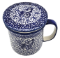 Preview: Polish Pottery Teaset, straight mug 400 ml with sieve and lid, pattern blue fluttery