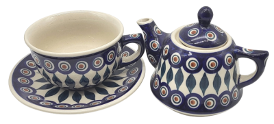Bunzlauer Teekanne und Tasse mit Untertasse Dekor Pfauenauge,  Einzelteile