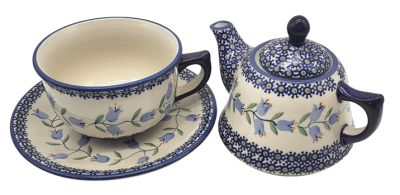 Bunzlauer Teekanne und Tasse mit Untertasse Dekor Agnes, Einzelteile