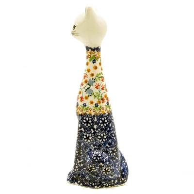 Polish Pottery tall cat figurine, height 23 cm, Florac pattern, side view