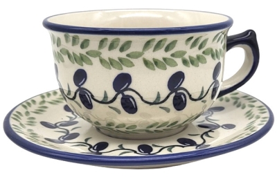 Bunzlauer Keramik Teetasse mit Untertasse Dekor Oliven