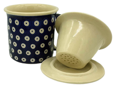 Polish Pottery Teaset, straight mug 400 ml with sieve and lid, pattern Bluespot
