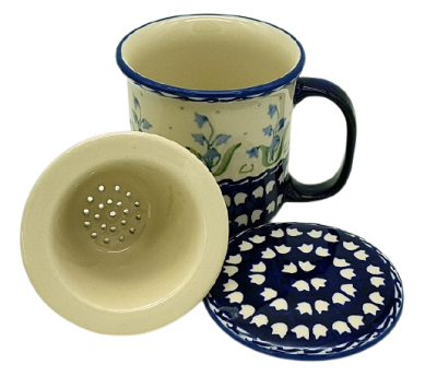 Polish Pottery Teaset, straight mug 400 ml with sieve and lid, pattern Campanula
