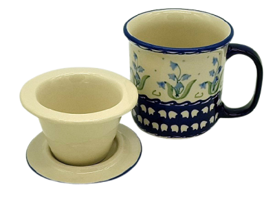 Polish Pottery Teaset, straight mug 400 ml with sieve and lid, pattern Campanula