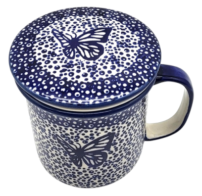 Polish Pottery Teaset, straight mug 400 ml with sieve and lid, pattern blue fluttery