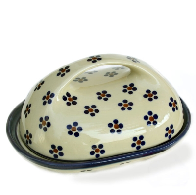 Polish-Pottery-butter-dish-oval-large-handle-marguerita-pattern