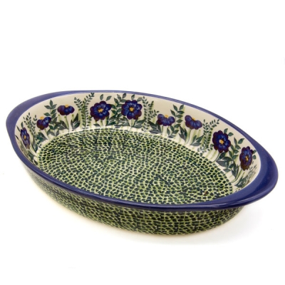 Polish Pottery oval baking dish 25,5 cms, blue primrose pattern