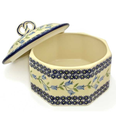 Polish Pottery biscuit jar, harebell pattern, view with open lid