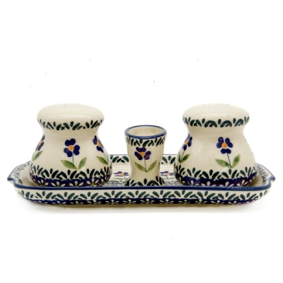 Bunzlauer Keramik Salz & Pfeffer-Streuer mit Zahnstocher-Halter, auf Untersatz, Dekor Angelika, Seitenansicht