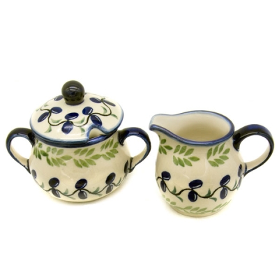 Bunzlauer Keramik Set Zuckertopf 120 g mit Sahnegiesser Oliven
