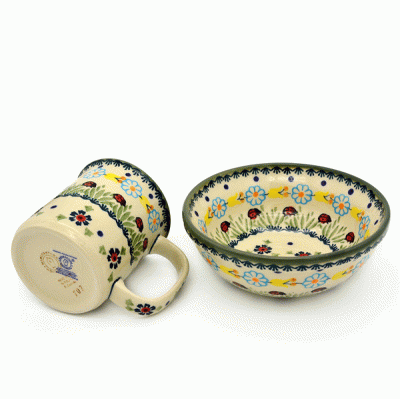 Polish Pottery breakfast set with small cereal bowl and mug Ladybird design