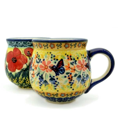 Polish Pottery set of two belly mugs, Papillon and Mohn