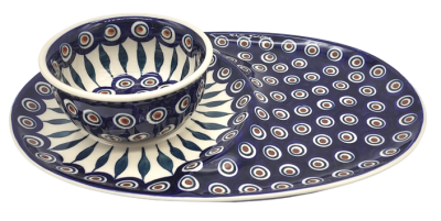 Bunzlauer Keramik ovaler Servierteller 29,5 cm mit Schale Pfauenauge
