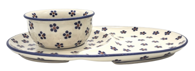 Bunzlauer Keramik Set ovale Servierplatte 29 cm mit Dipschale, Dekor Margarete, Seitenansicht