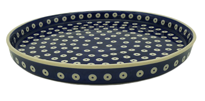 Polish Pottery round tray with straight edge, Bluespot pattern