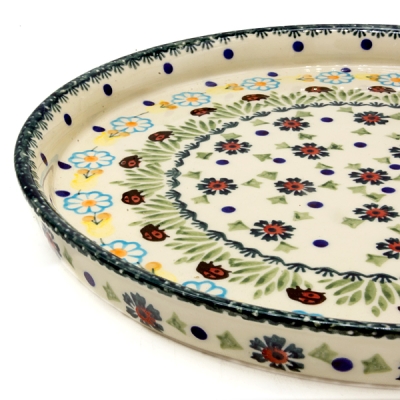 Polish Pottery round tray with straight edge, ladybird pattern