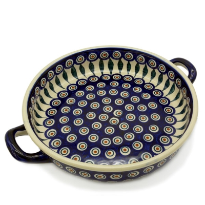 Polish Pottery Baker - round with handles in Eye of Peacock Pattern