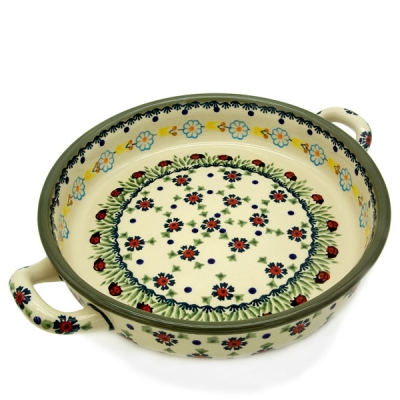 Polish Pottery round baker with handles ladybug pattern