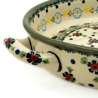 Polish Pottery round baker with handles ladybug pattern, view on detail