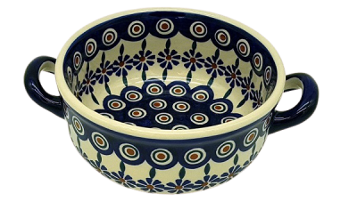 Polish Pottery soup dish with 2 handles Bunzlau flower design