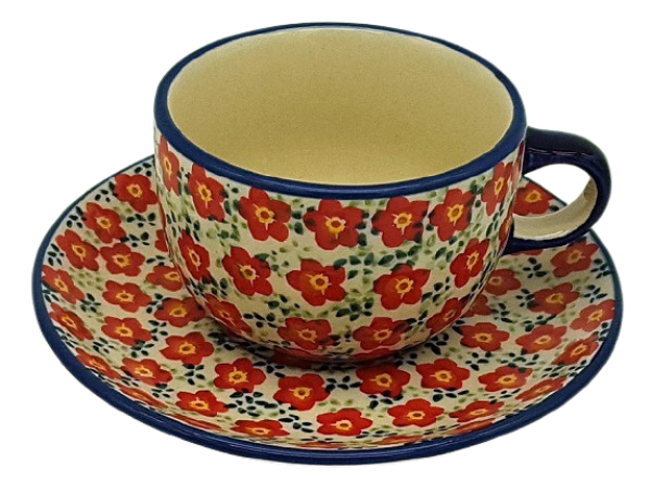 Polish Pottery cup and saucer Voila red pattern