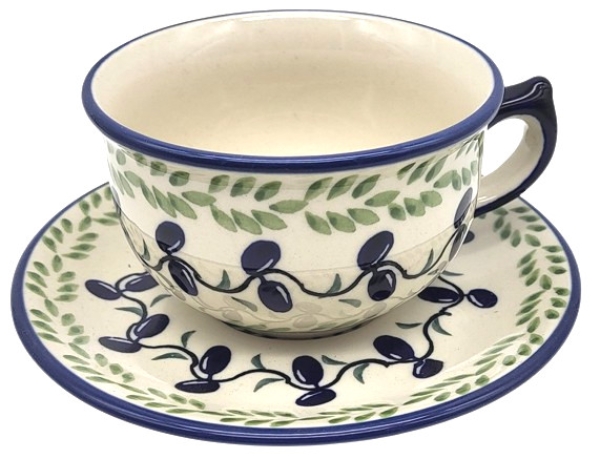 Bunzlauer Keramik Teetasse mit Untertasse Dekor Oliven, Oberansicht