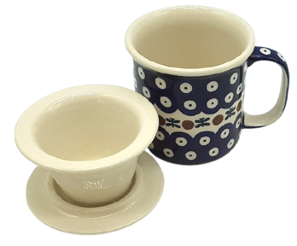 Polish Pottery Teaset, straight mug 400 ml with sieve and lid, pattern Garland