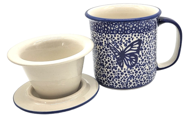 Polish Pottery Teaset, straight mug 400 ml with sieve and lid, pattern blue fluttery