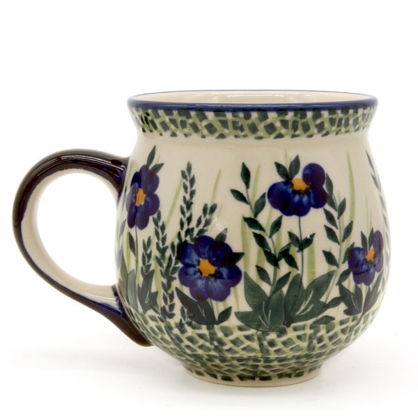 Polish Pottery Mug Round - Blue Primrose Pattern