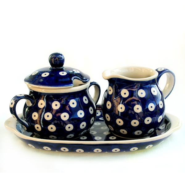 Polish Pottery sugar and creamer set bluespot design -2.Qual.