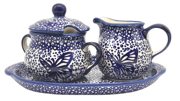Bunzlauer Keramik Set Milch und Zucker mit Untersatz Dekor Blauer Falter