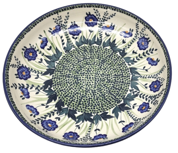 Polish Pottery serving dish or fruit bowl 30 cms, blue primrose pattern
