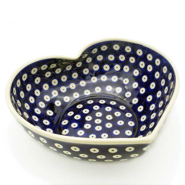 Polish Pottery heart shape dish 1250 ml, bluespot pattern, 2nd quality