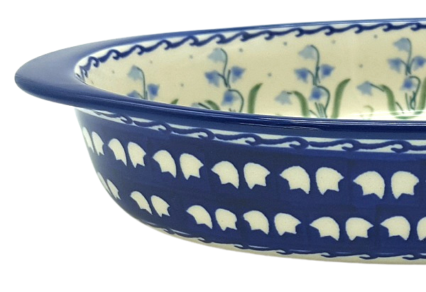 Bunzlauer Keramik ovale Auflaufform 25,5 cm Dekor Glockenblume blau seitlicher Ausschnitt
