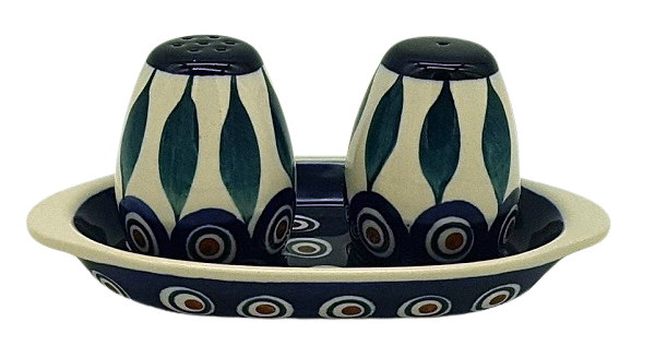 Polish Pottery Salt & Pepper SET - 3 piece - Pattern Eye of Peacock
