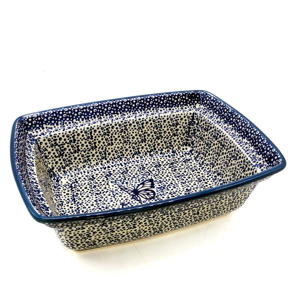 Polish Pottery rectangular dish 1000 ml Blue butterfly pattern