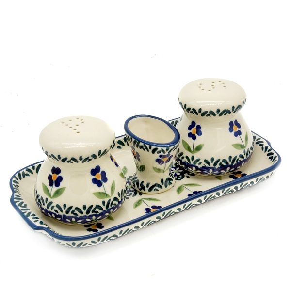 Polish Pottery Salt & Pepper SET with toothpick holder, Leonie pattern