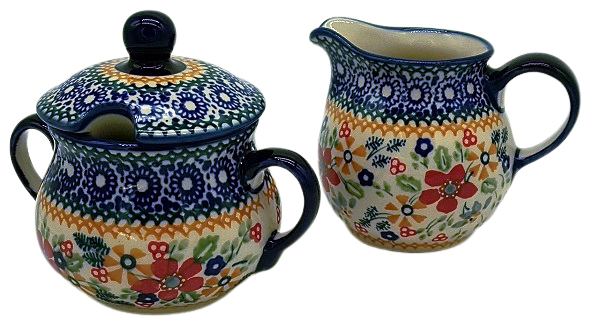 Polish Pottery Sugar & Creamer SET 3 piece in Eye of Peacock Pattern