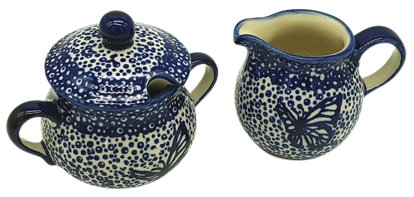 Polish Pottery SET Sugar & Creamer pattern blue Fluttery