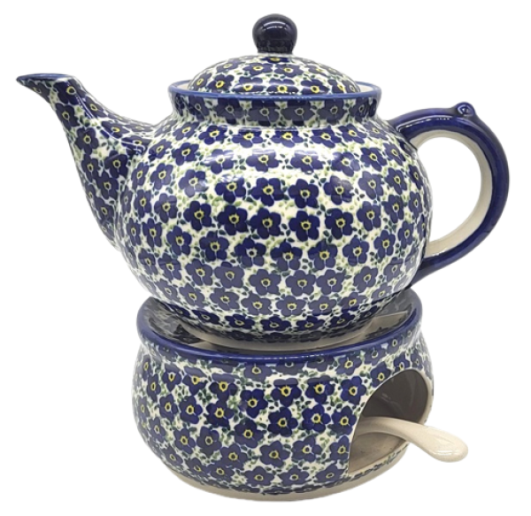 Bunzlauer Teekanne 1,2 L mit Stövchen Dekor Viola blau, Seitenansicht