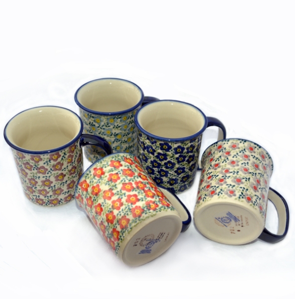 Polish Pottery set of 5 straight mugs, Viola series, 5 different colours