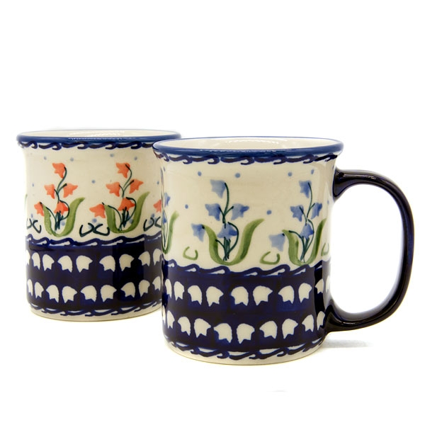 Polish Pottery set of two mugs Glockenblume blue and red