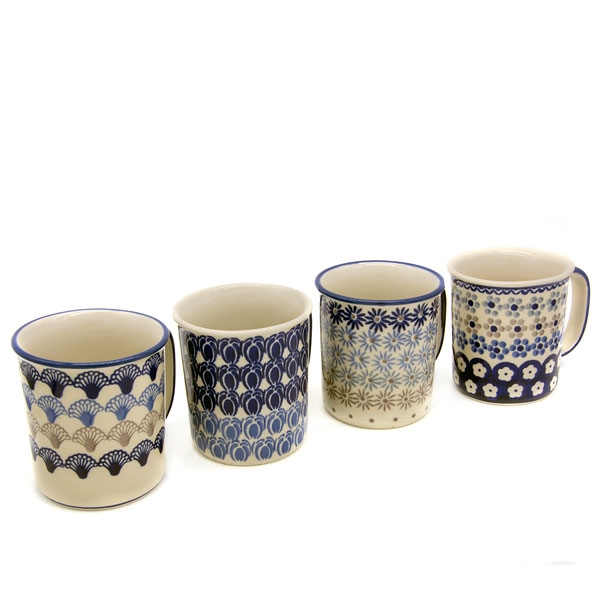 Polish Pottery set of 4 straight mugs, different patterns