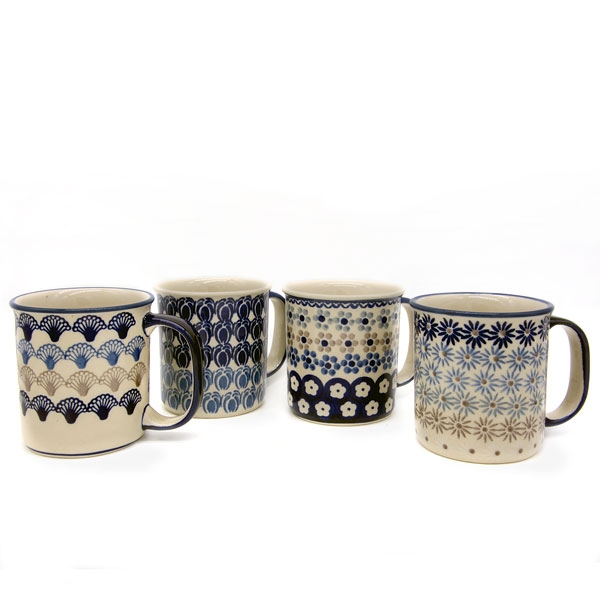 Polish Pottery set of 4 straight mugs, different patterns
