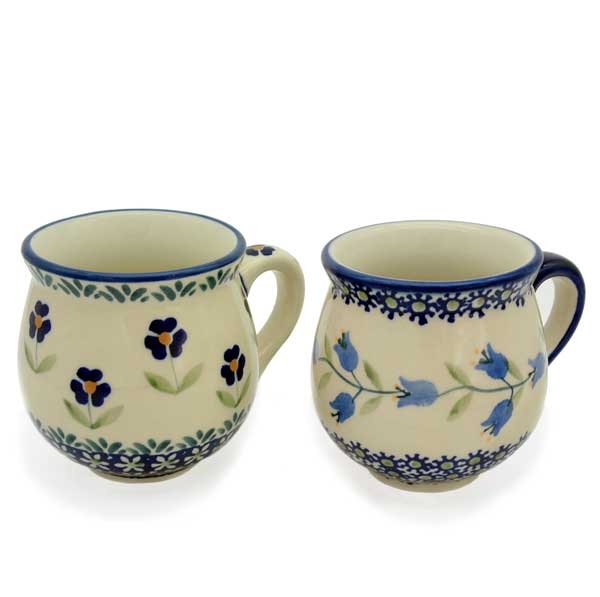 Polish-Pottery-set-of-two-belly-mugs-Margerita-and-Garland-design