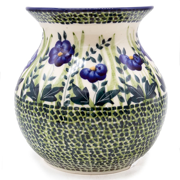 Polish Pottery round vase 1.250 ltrs blue primrose pattern, view from side