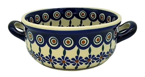 Polish Pottery soup dish with 2 handles Bunzlau flower design