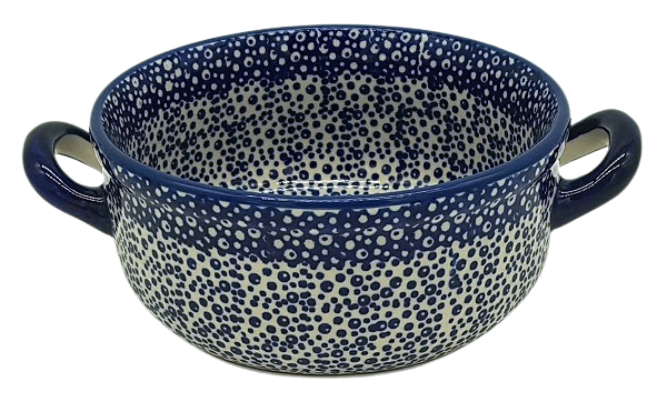 Bunzlauer Keramik Suppenschale mit Henkeln 500 ml, Dekor Blauer Falter, Seitenansicht